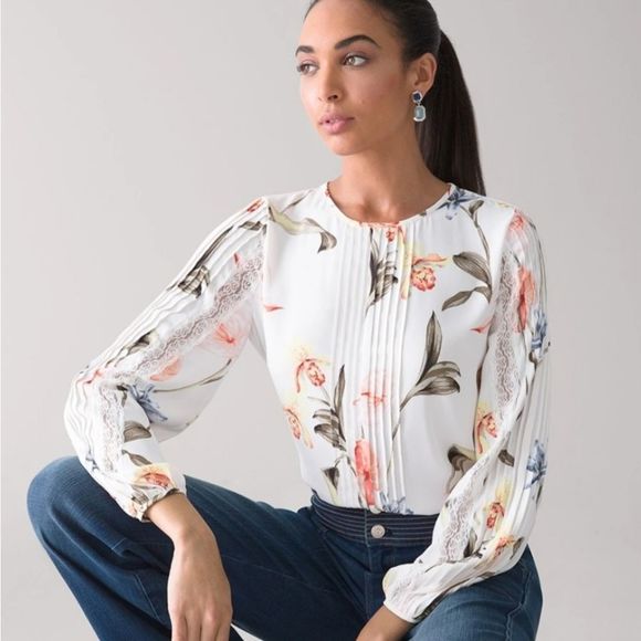 White House Black Market Tops - WHBM Sz M Off-White Floral Lace Trim Blouse Preppy BoHo Cottage Career Wear